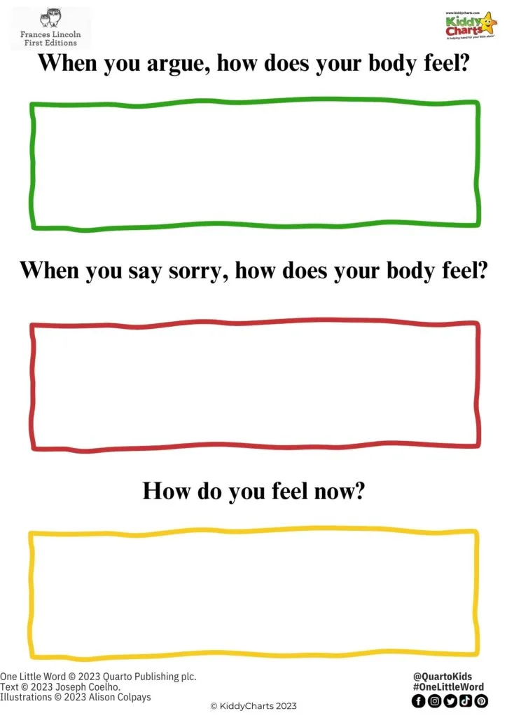 In this image, a child is being asked questions about how their body feels when they argue or apologize, and is being encouraged to think about how they feel in the present moment.