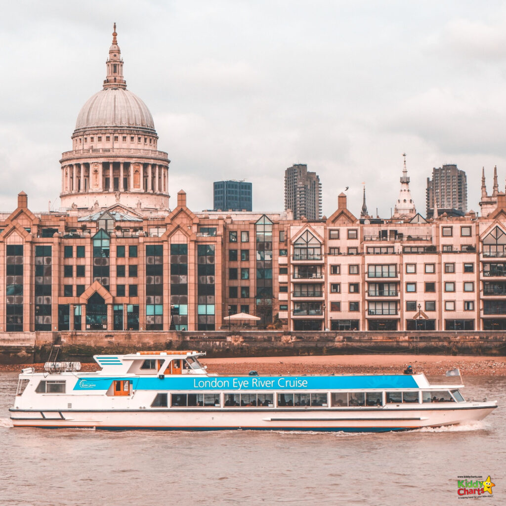 A boat is sailing along the River Thames in London, passing the London Eye and other watercrafts, with a backdrop of the city skyline and clouds in the sky.