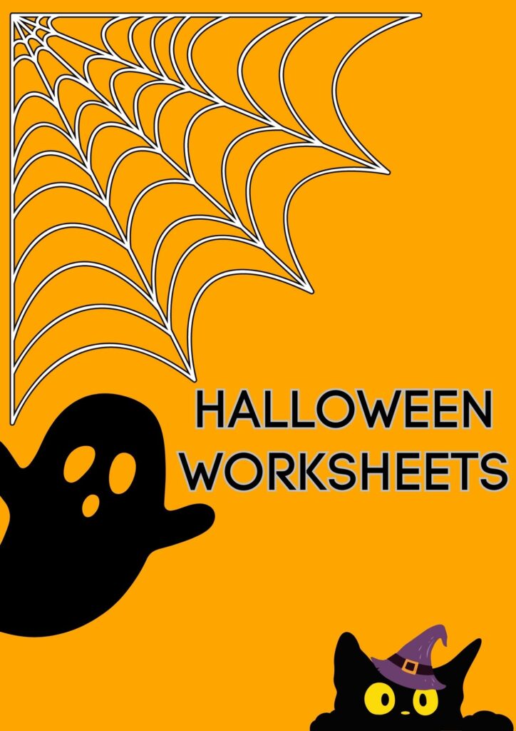 The image shows a group of children completing Halloween-themed worksheets.
