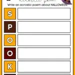 In this image, a person is being encouraged to write an acrostic poem about Halloween using the word "HALLOWEEN".