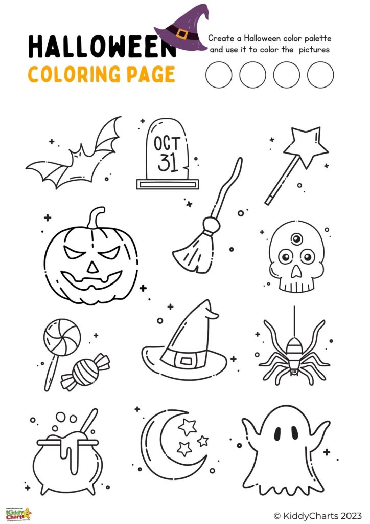 A Halloween-themed coloring page is being used to create a Halloween color palette.