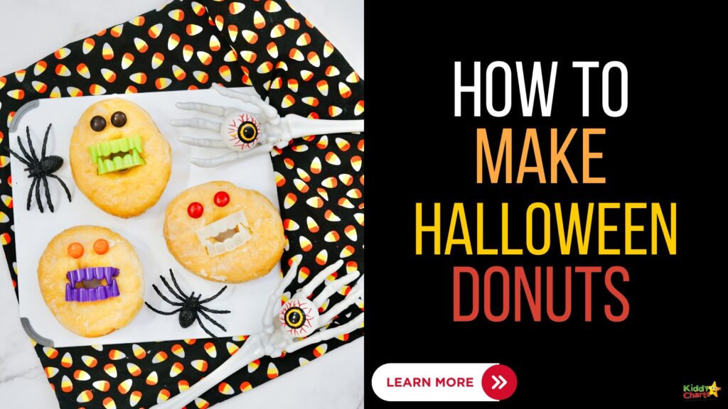 In this image, instructions are being provided on how to make Halloween-themed donuts.