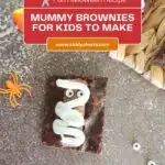 In this image, a fun Halloween recipe for Mummy Brownies is being shared, with a link to a website for kids to learn more.