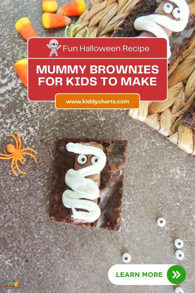 In this image, a fun Halloween recipe for Mummy Brownies is being shared, with a link to a website for kids to learn more.
