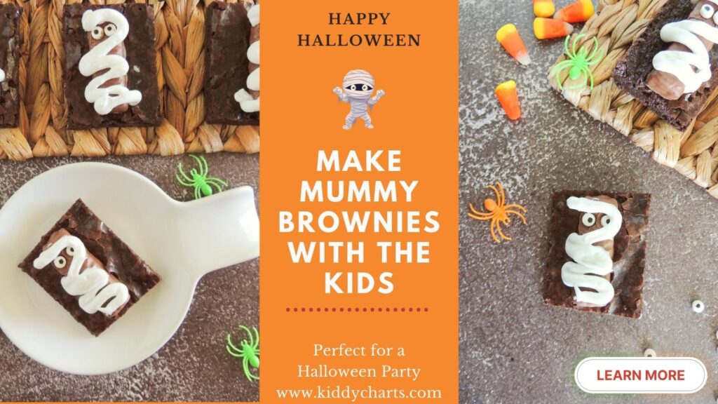 In this image, a family is encouraged to make mummy brownies together for a Halloween party.