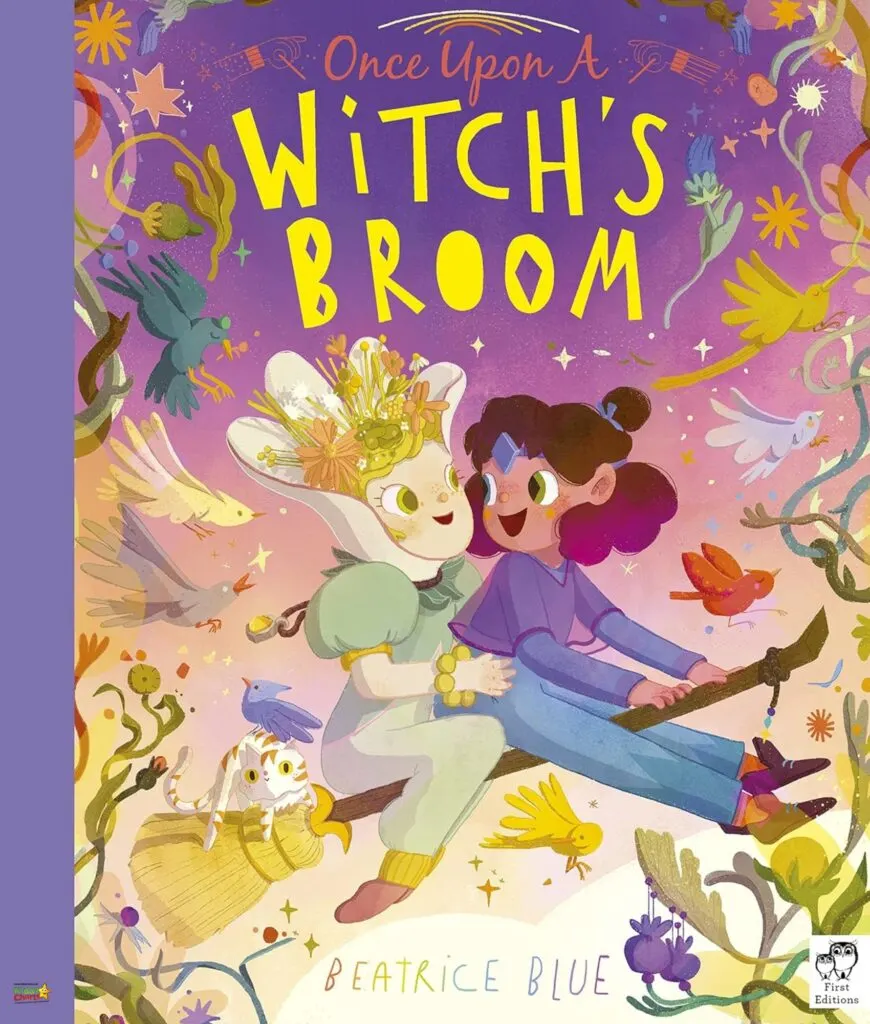 The image depicts a young person flying on a broomstick, with a book titled "Once Upon A Witch's Broom" in their hand.