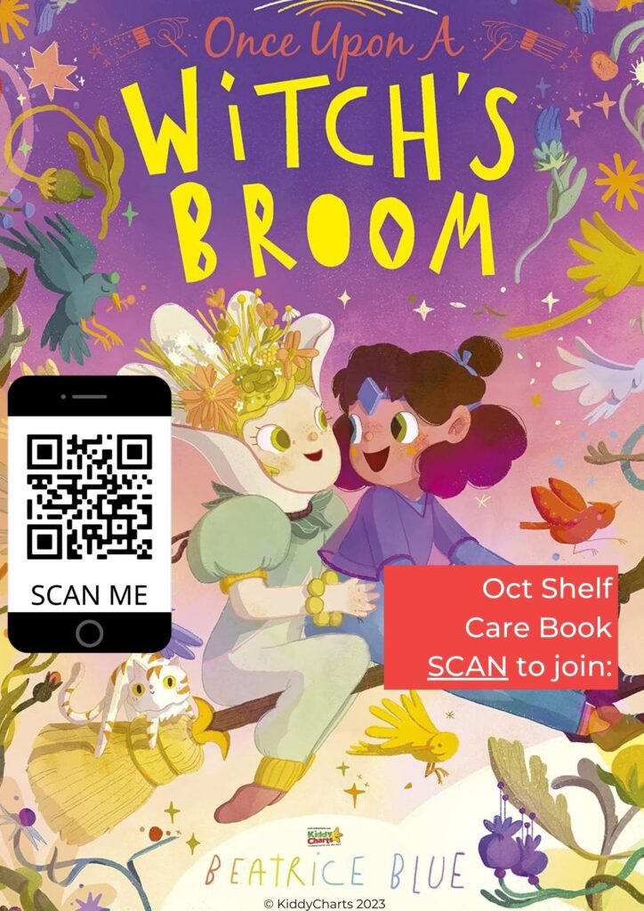 This image shows a book shelf with a book titled "Once Upon A Witch's Broom" that can be scanned to join the KiddyCharts community in 2023.