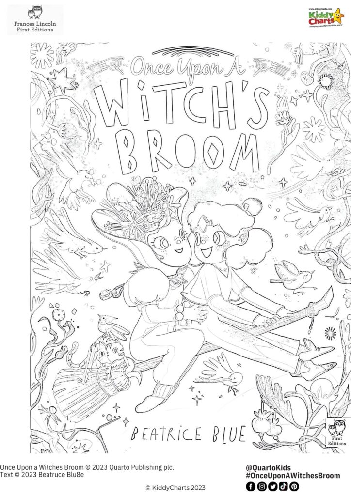 A child is reading a book titled "Once Upon A Witch's Broom" by Beatrice Blue, published by Quarto Publishing plc in 2023.