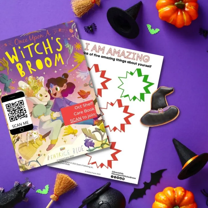 A witch's broom is overflowing with a colorful assortment of fruits, vegetables, and an apple, with text reading 