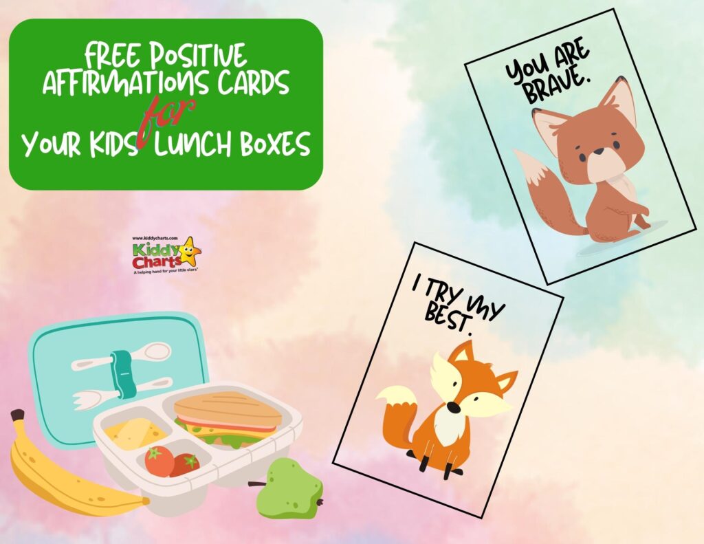 This image is promoting Kiddy Charts, a website providing free positive affirmations cards and lunch box ideas for kids, with the message to try your best.