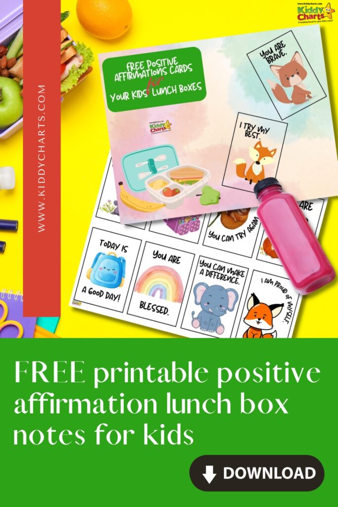 This image is promoting Kiddy Charts, a website that provides printable positive affirmations for kids to put in their lunch boxes.