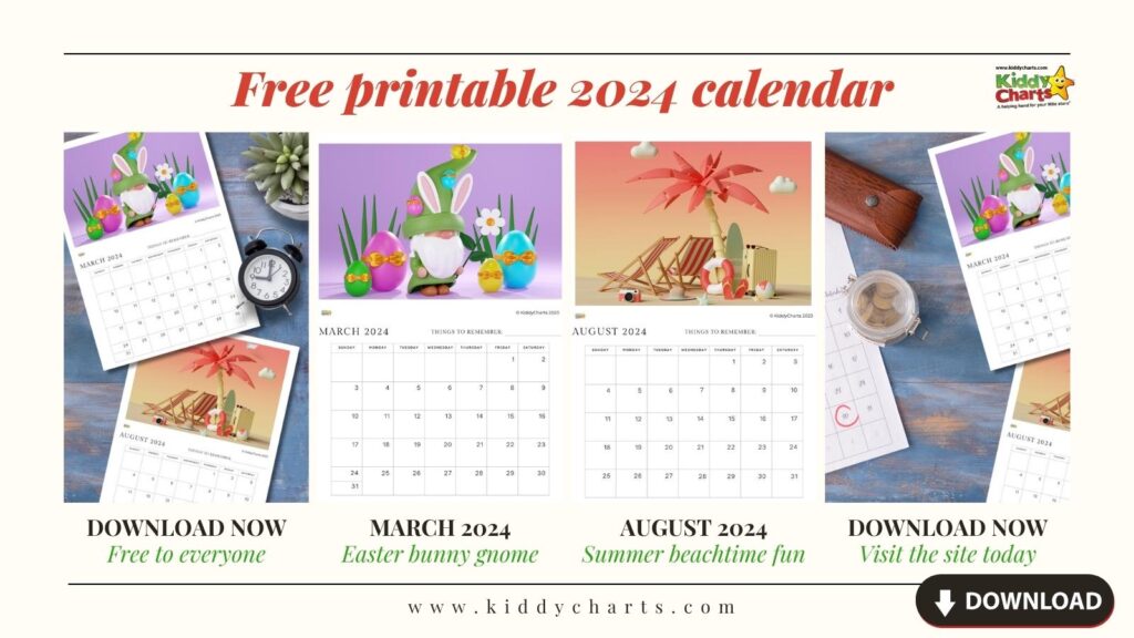 This image is a printable calendar for March and August 2024 with fun activities and reminders for each day.