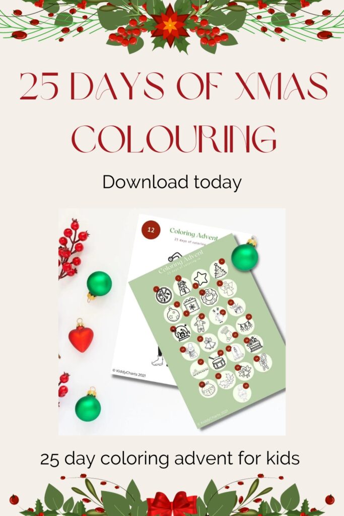 This image is promoting a 25-day coloring advent for kids from KiddyCharts in 2021.