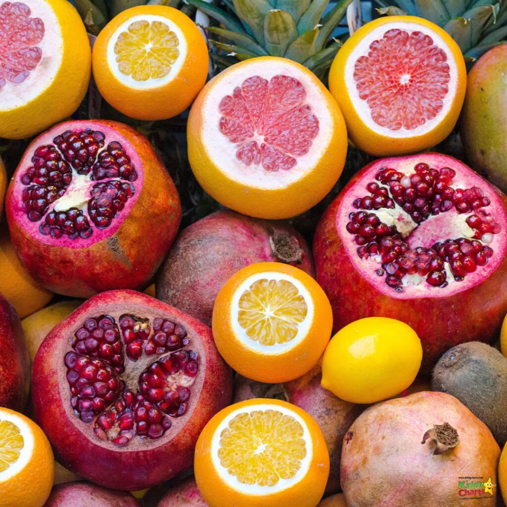 A variety of natural and vegan foods, including oranges, citrons, grapefruits, pomegranates, and seedless fruits, are sitting indoors, providing a colorful and nutritious diet.