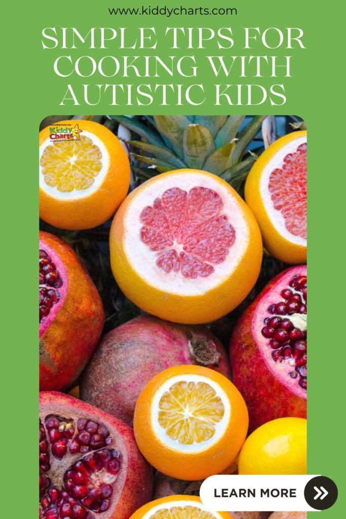This image is providing simple tips for cooking with autistic kids, as well as offering a helping hand from Kiddy Charts for parents of autistic children.