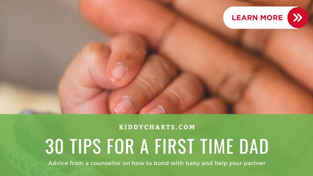 This image is providing advice to first-time dads on how to bond with their baby and help their partner.