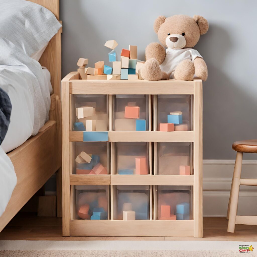 A teddy bear and a stuffed toy sit atop a shelf of books and other items in a cozy room filled with furniture and shelving.