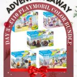 This is an advertisement for a Playmobil color bundle giveaway, decorated with holiday motifs like holly and ornaments, and prompting to "Learn More."