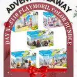 This is an advertisement for a Playmobil color bundle giveaway, decorated with holiday motifs like holly and ornaments, and prompting to "Learn More."