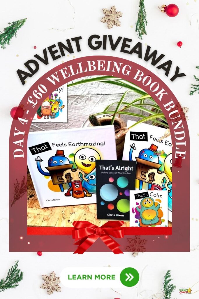 This image advertises an "ADVENT GIVEAWAY" featuring a £60 "WELLBEING BOOK BUNDLE." It includes colorful books, festive embellishments, and a "LEARN MORE" button.