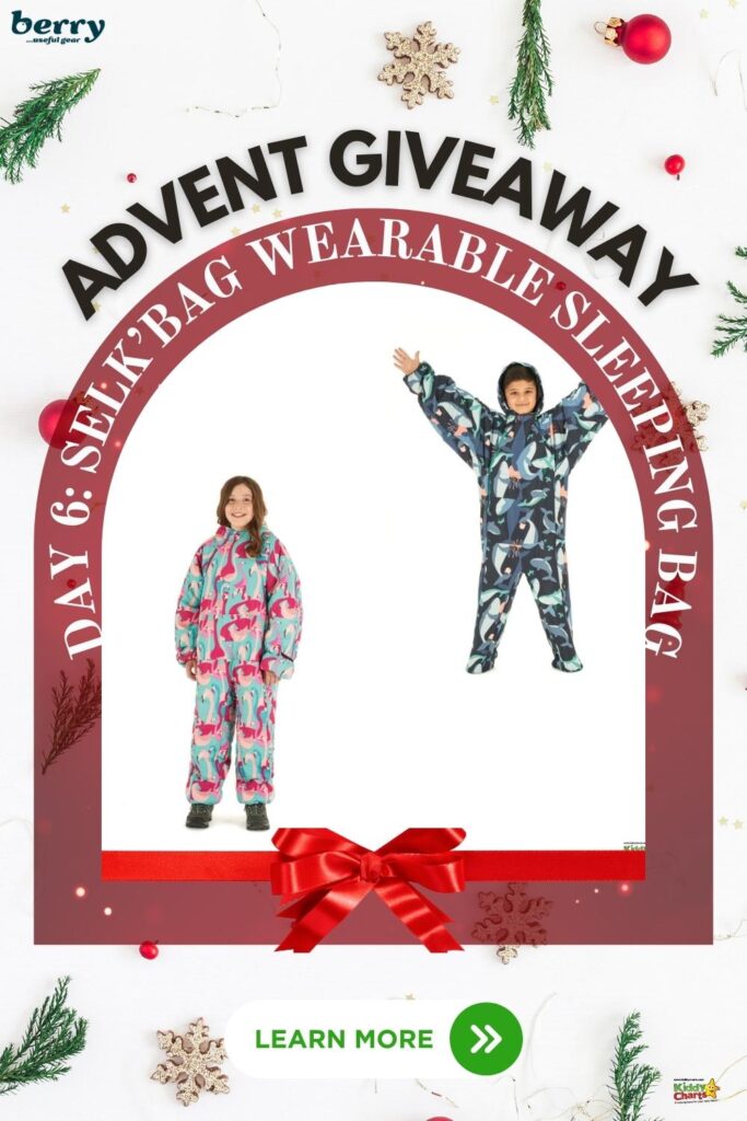 The image shows an advertisement for an "Advent Giveaway" featuring wearable sleeping bags, with two children modeling different printed designs, surrounded by holiday decorations.