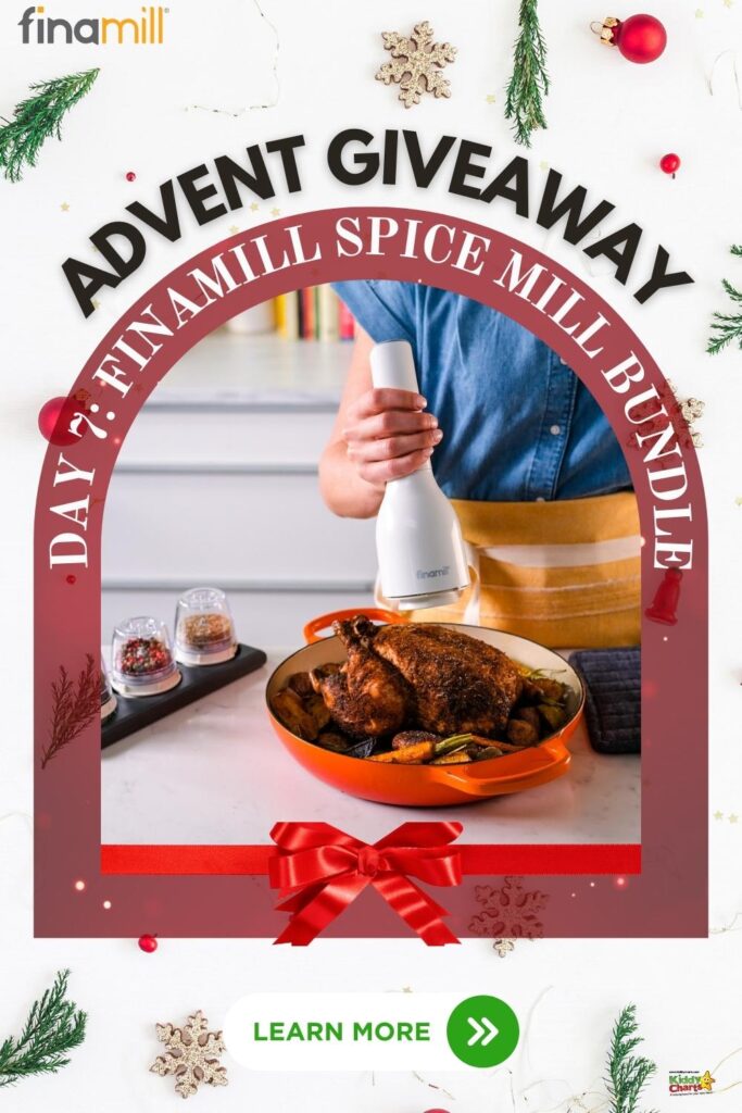 An advertisement featuring a person holding a spice mill over a roasted chicken, framed by a festive, red "Advent Giveaway" arch and holiday decorations.