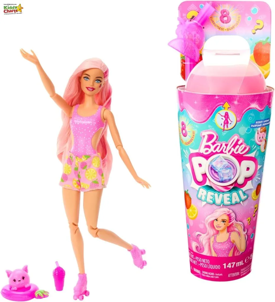 This image shows a Barbie doll with pink hair on roller skates, accessories including a pig and drink, and packaging for a "Barbie Color Reveal" toy.
