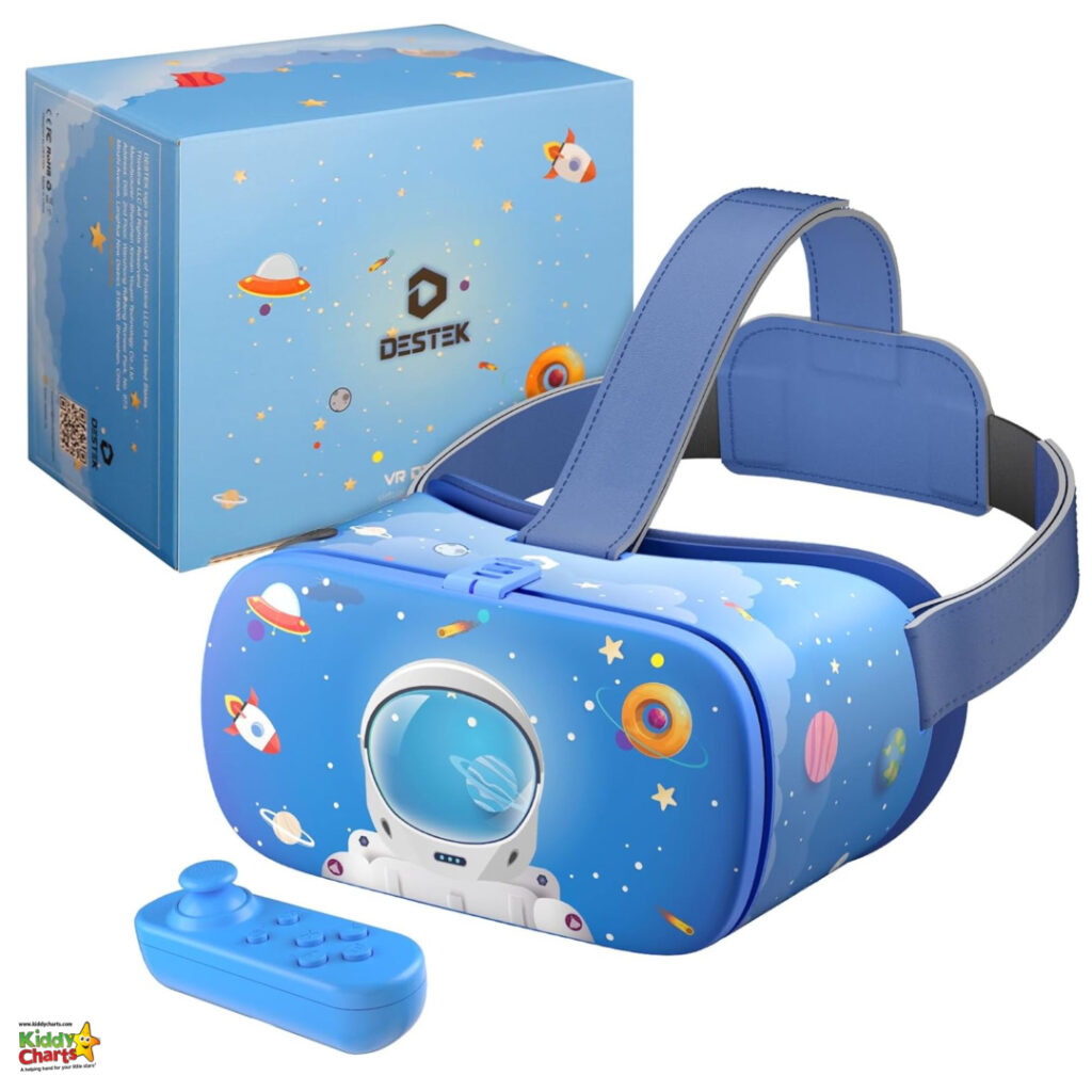 A child-friendly VR headset with a space theme, an adjustable strap, accompanying remote control, and a matching box with a similar design.