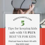 A person wearing VR headset is shown above KiddyCharts website's promo text for keeping kids safe with VR and finding the best VR for kids.