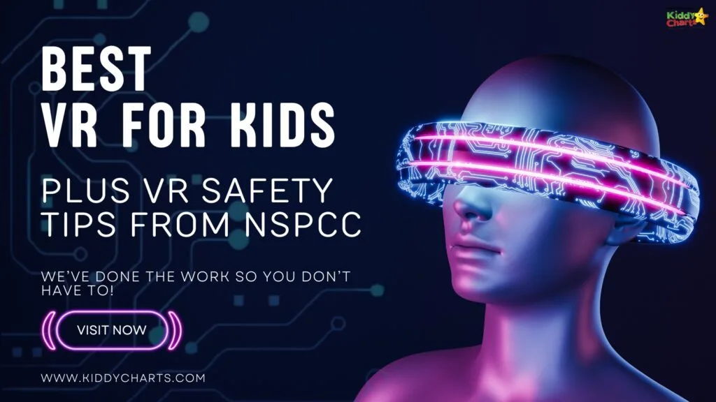 This is an advertisement for "Best VR for Kids," featuring a person wearing a stylized virtual reality headset with circuit patterns, promoting safety tips from NSPCC.