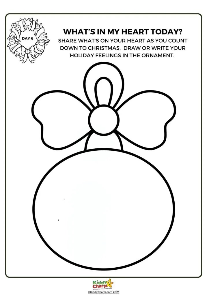 This image is a black and white outline of a Christmas ornament with a bow on top and a wreath around the date "Day 6".