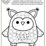 This is a black and white coloring sheet with a cartoon owl, labeled "DAY 7," promoting Christmas dot marker activities and emotional conversation while crafting.