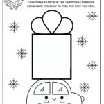 A black and white worksheet with a cartoon car carrying a large gift, surrounded by snowflakes. Text prompts writing or drawing feelings about Christmas.