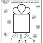 This image shows a coloring and activity page inviting people to express their feelings about the Christmas season by drawing inside a gift illustration.