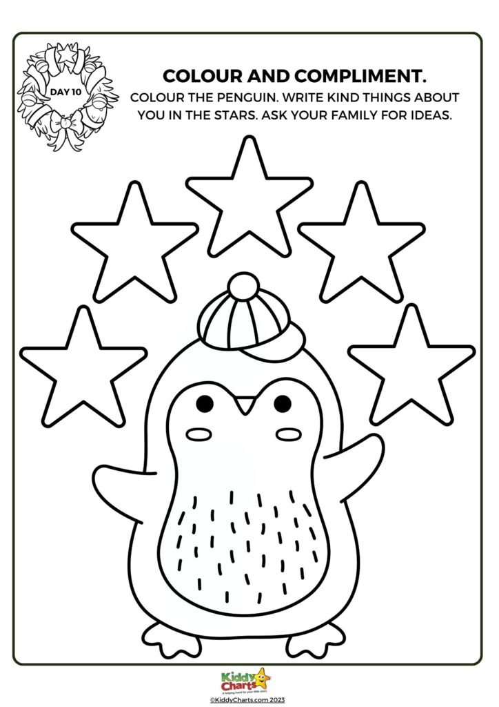 A coloring page featuring a cute penguin with a hat, surrounded by empty stars for writing compliments, labeled "Day 10" with instructions at the top.