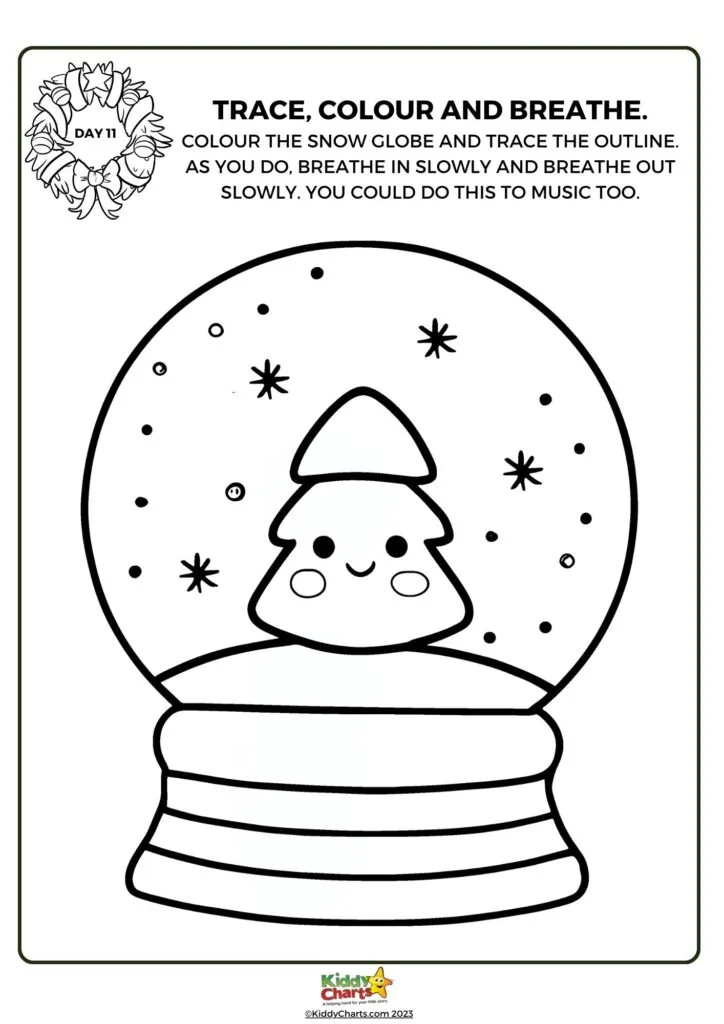 This black and white coloring page features a snow globe with a cute, smiling tree inside. The page encourages tracing, coloring, and deep breathing.