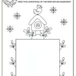 A black-and-white coloring page with instructions to color and draw a missed person at Christmas in a birdhouse basement, featuring a bird, snowflakes, and foliage.