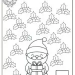 This is a black and white Christmas-themed activity page featuring holly leaves, a mistletoe with a face, and a cartoon Santa Claus holding a gift.