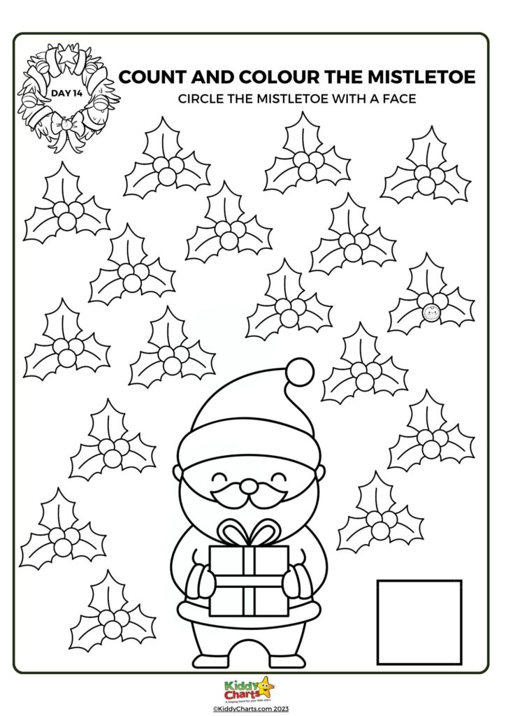 This is a black and white Christmas-themed activity page featuring holly leaves, a mistletoe with a face, and a cartoon Santa Claus holding a gift.