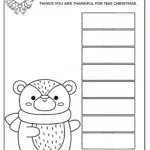 A black-and-white coloring page featuring a cartoon bear with a scarf next to a "THANKFUL TOWER" list with lines to write things you're thankful for.