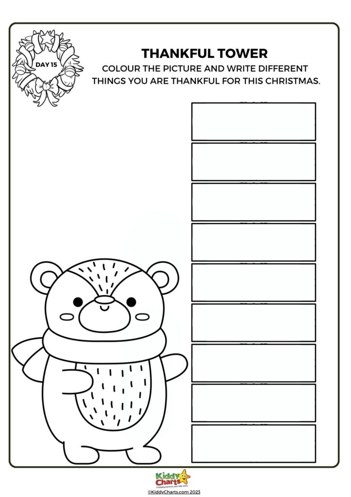 A black-and-white coloring page featuring a cartoon bear with a scarf next to a "THANKFUL TOWER" list with lines to write things you're thankful for.
