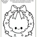 This image is a black and white coloring sheet featuring a playful, cartoon-style wreath with a cute face, a bow on top, and decorations.