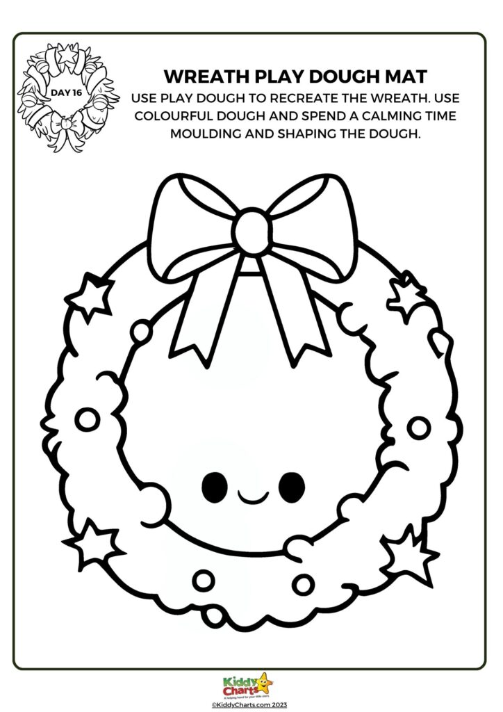 This image is a black and white coloring sheet featuring a playful, cartoon-style wreath with a cute face, a bow on top, and decorations.