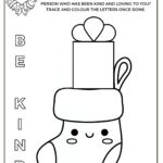 The image is a coloring activity sheet titled "BE KIND CHRISTMAS STOCKING," encouraging reflection on kindness and featuring a cute, smiling stocking with a gift.