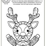 This is a black and white coloring book page featuring a whimsical, detailed reindeer design with a relaxation theme geared towards mindfulness and stress relief.