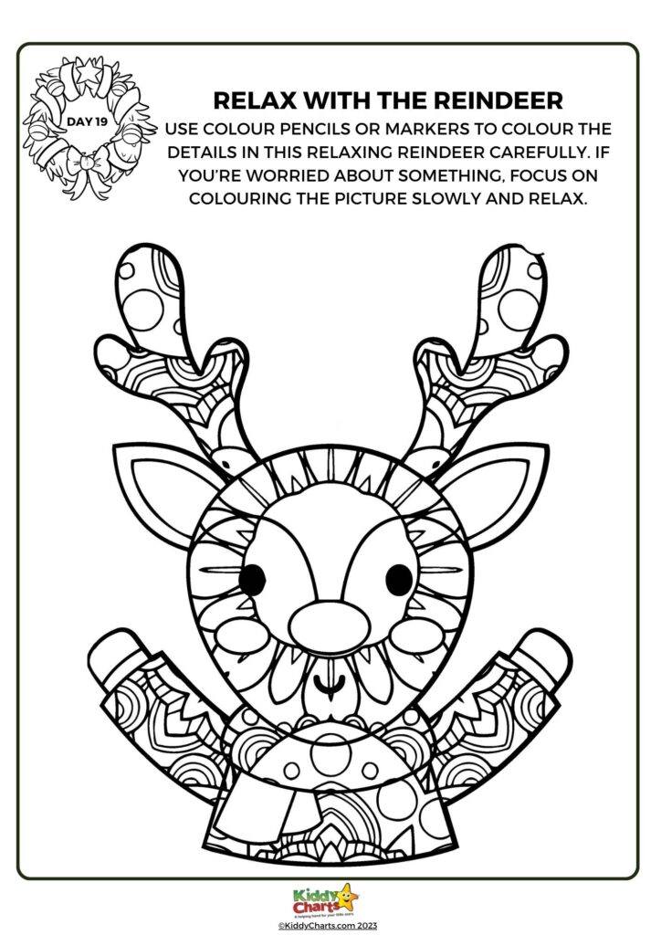 This is a black and white coloring book page featuring a whimsical, detailed reindeer design with a relaxation theme geared towards mindfulness and stress relief.