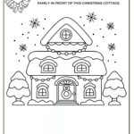 A black-and-white coloring page showing a festive Christmas cottage with snow, decorations, and trees, inviting individuals to draw and color their family.