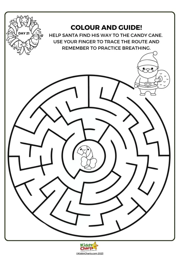 This image shows a child-friendly, black-and-white maze activity where a cartoon Santa needs guidance to a candy cane, with instructions emphasizing coloring, guiding, and breathing practice.