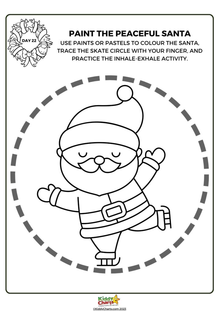 This is a black-and-white coloring page featuring a cartoon Santa Claus ice skating, with instructions to color it and trace the dotted line for a breathing exercise.