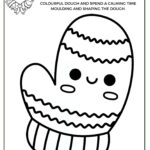 The image shows a black and white coloring page titled "MITTEN PLAY DOUGH MAT," featuring a playful outline of a mitten with a happy face, intended for play dough recreation.